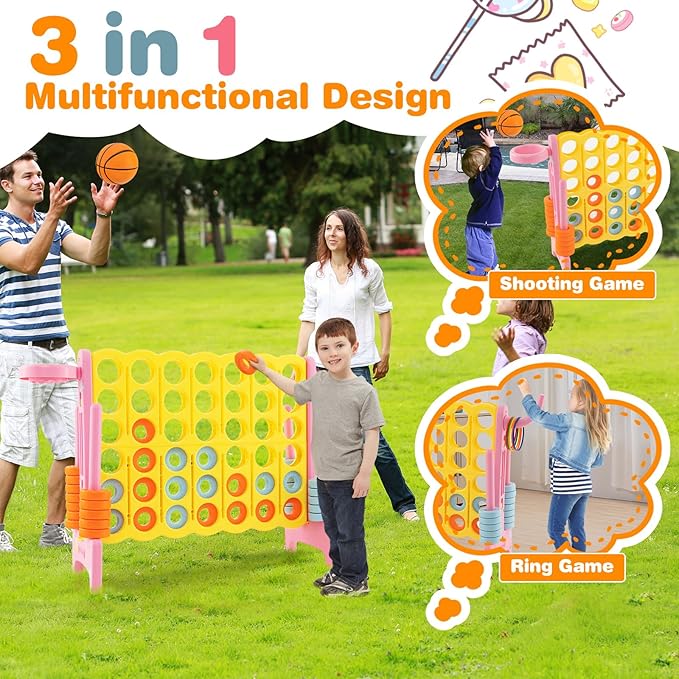 COSTWAY Jumbo 4-to-Score Giant Game Set for Kids & Adults, 2.5Ft Indoor Outdoor Game with Basketball Hoop, Ring Game, 42 Jumbo Rings, Quick-Release Slider, Perfect for Birth & Holiday Party