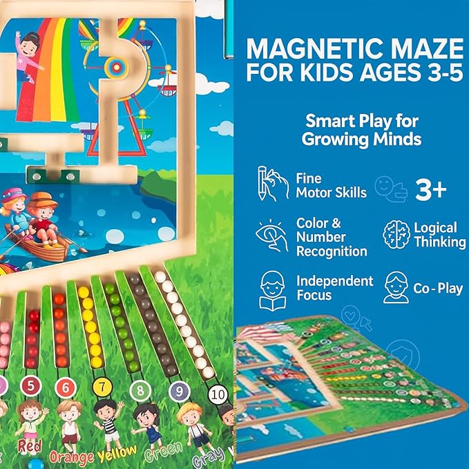 Magnetic Montessori Toys for 3 Year Old - Magnet Board for Kids, Magnetic Maze for Kids Ages 3-5, Color and Number Maze, Puzzles for Toddlers, Magnet Mazes for Toddler, Learning Activity, Carnival