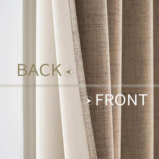 MIULEE 100% Blackout Linen Textured Curtains for Bedroom Solid Thermal Insulated Copper Brown Grommet Room Darkening Curtains & Drapes Luxury Decor for Living Room 52 x 63 Inch (2 Panels)