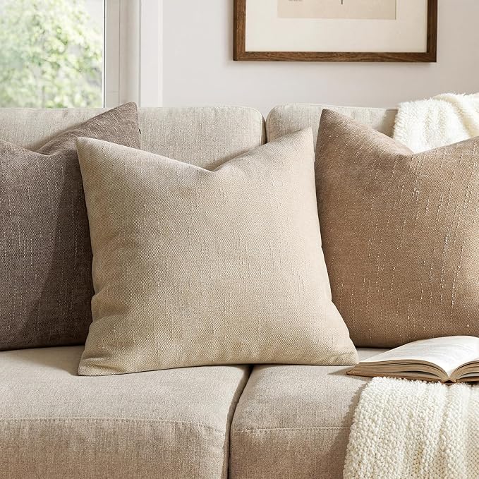 MIULEE Textured Chenille Throw Pillow Covers 20x20 Inch Beige | Pack of 2 Decorative Soft Throw Pillows, Solid Textured Cushion Covers, Modern Home Decor for Couch Sofa Bedroom Living Room