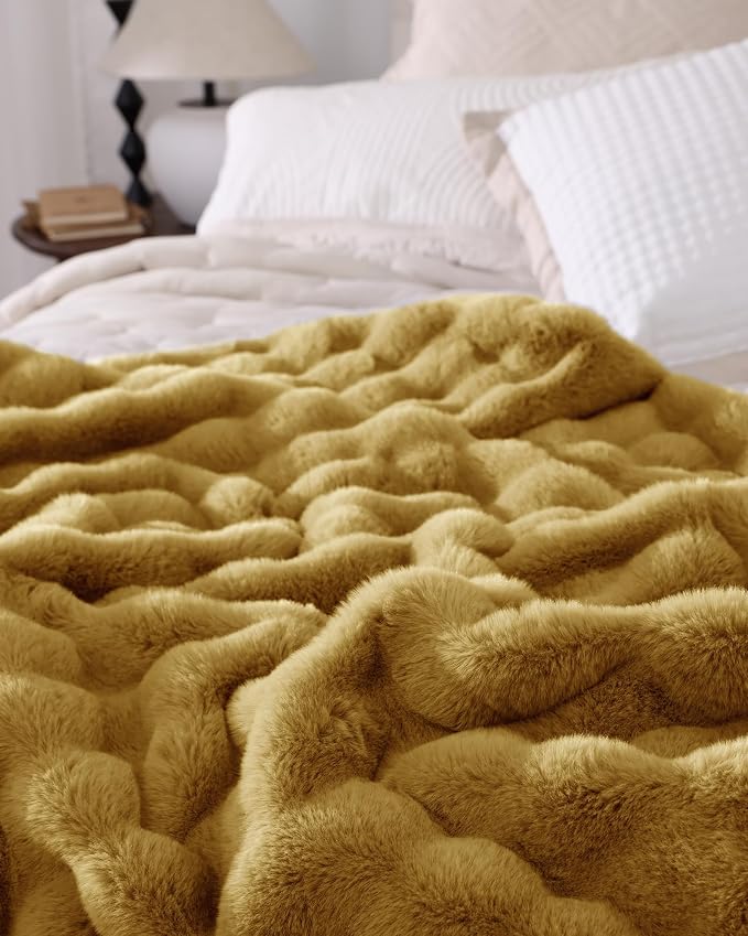 Ultra Soft Cozy Faux Fur Throw Blanket, Fuzzy Plush Thick Bubble Blanket, Oversize Luxury Fluffy Blanket for Couch, Bed, and Living Room, 60x80 Inches, Dark Yellow