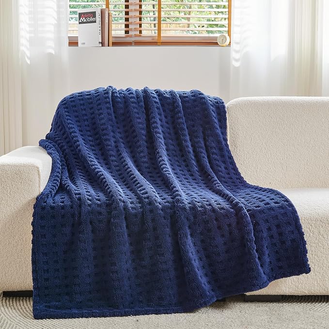 NEWCOSPLAY 3D Waffle Checkered Flannel Throw Blanket, Dark Navy, 50"x70" | Super Soft Cute Lightweight Decorative Premium Silky Fleece Blanket for Couch Sofa Bed, Gift for Women Men, All Season Use