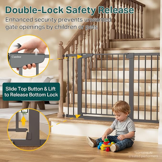 Cumbor 30-48" Baby Gate for Stairs and Doorways, Mom's Choice Award Winner, Pressure Mounted Dog Gate Indoor with Self-Closing Walk Through Door, Easy Install, Double-Lock Design, Cool Gray