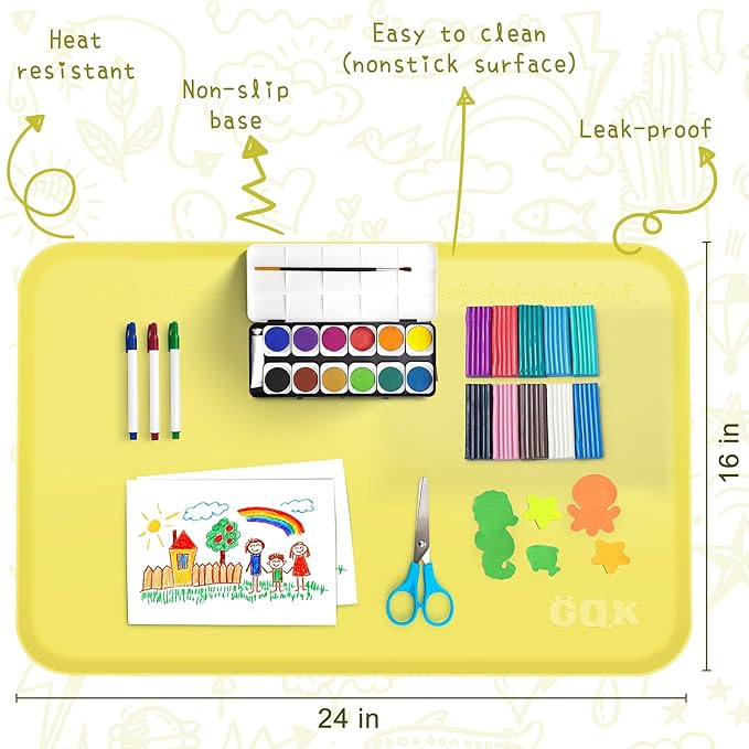 Silicone Art Mat for Crafts, 24" x 16" Painting Mat for Kids with Raised Sides to Stay Tidy, Paint Craft Mats for Clay, Resin, Slime, Jewelry-Making & Crafts Creation (Yellow)
