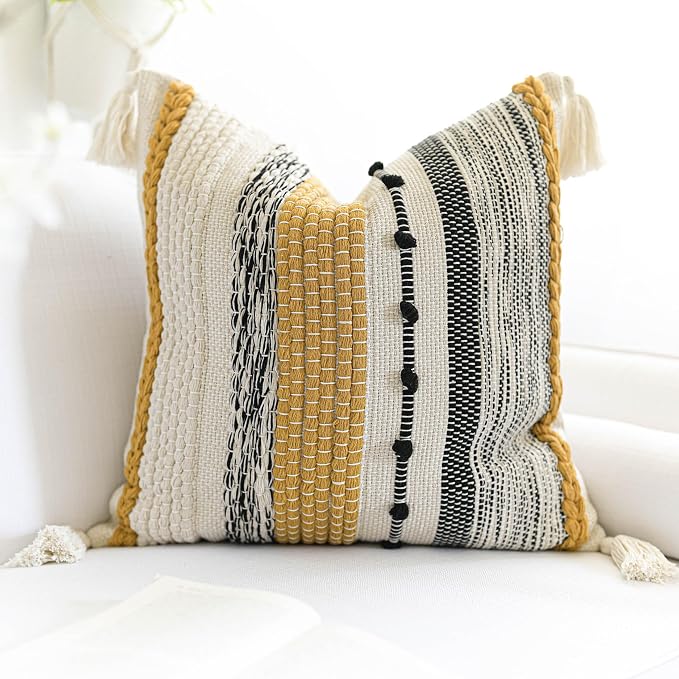 Yellow Mustard Decorative Throw Pillow Cover 18x18 Square Boho Accent Pillowcase Tassels Farmhouse Cushion for Couch Sofa Bedroom Living Room Home Décor Cover ONLY