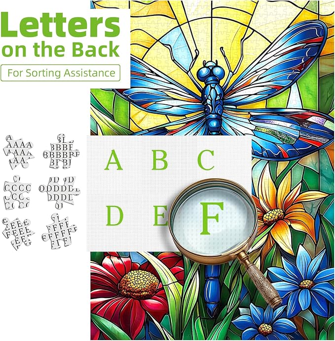 1000 Piece Jigsaw Puzzle for Adults - Stained Glass Dragonfly & Flowers Art Puzzle, 27.5x19.7 Inch Unique Hard Difficult Challenging Puzzle for Adults