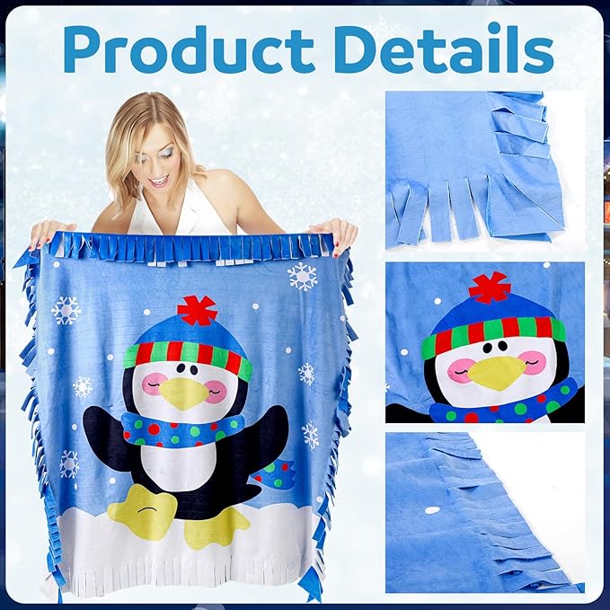 Peryiter Penguin Fleece Throw Craft Kit Soft Plush Throw Tie Blanket DIY Felt Fleece Gift for Winter Holiday Craft Fun Home Activities, 54 Inch x 54 Inch
