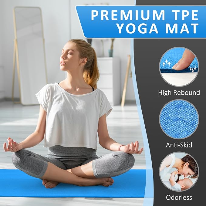 Signature Fitness All Purpose 0.25 Inch Thick High Density No Tear Exercise Yoga Mat with Strap & Lightweight Features for Indoor & Outdoor Use, Blue