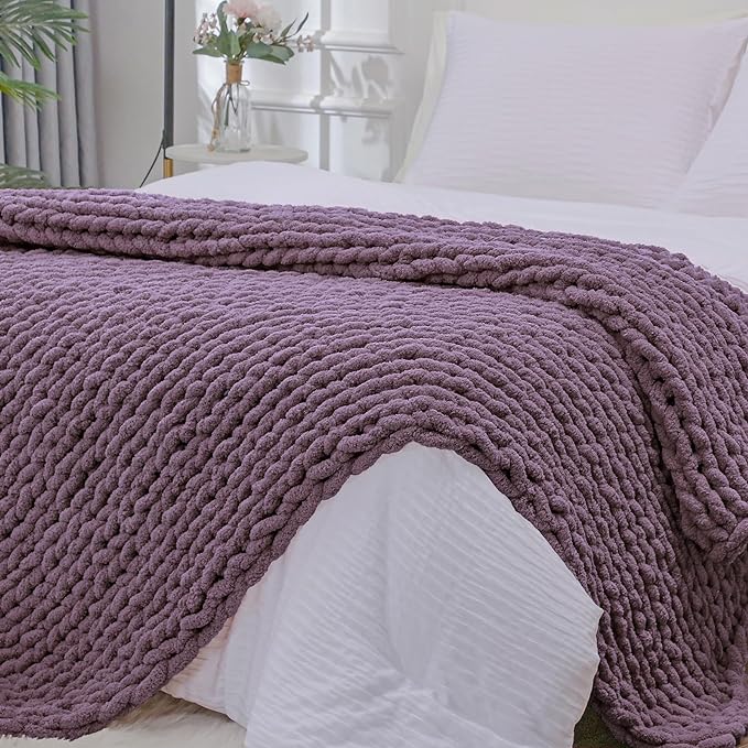 Bigacogo Chunky Knit Throw Blanket for Couch, 40x80 inches, Winter Grape | Hand Knit with Jumbo Chenille, Soft Breathable Cable Knit for Sofa Bed Living Room, Machine Washable, Gift for Mom Friend
