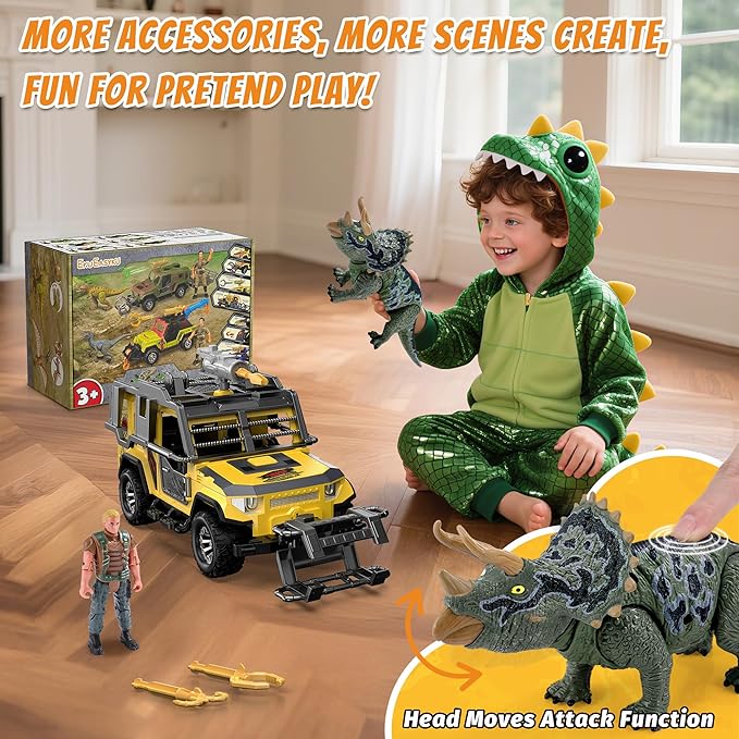 EKU Dinosaur Transport Truck with Trailer and 10 Sounds, Launcher, Clamp, Heads Moves Attack Triceratops Figure, Human, Carrier, Push and Go Adventure Vehicle for Jurassic World Toys Kids Boys Girl 3+