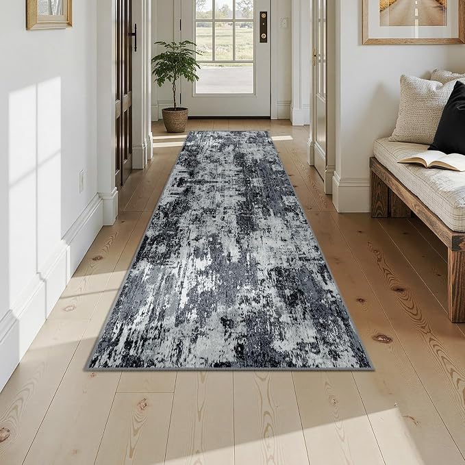 RELEANY Washable Runner 2'6"x10' Abstract Area Rug for Hallway Black White | carpet for kitchen, entryway, bathroom, living room, bedroom, printed pattern, non-slip, soft, stain-resistant, easy to clean