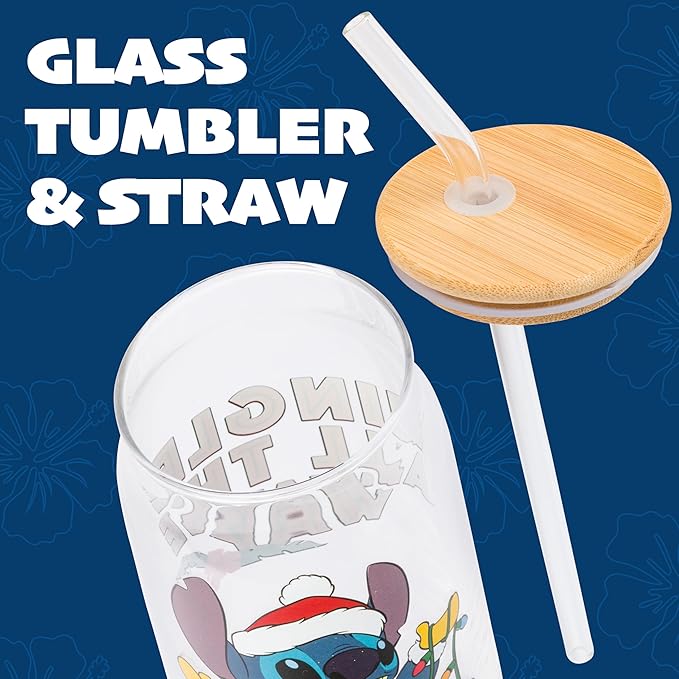 Silver Buffalo Disney Lilo and Stitch “Jingle All the Way” Glass Tumbler with Bamboo Lid and Glass Straw Featuring Stitch, 16 Ounces