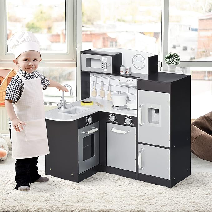 Qaba Corner Kids Kitchen Playset, Wooden Pretend Toy Kitchen Set with Drinking Fountain, Microwave, Fridge and Accessories, Pretend Play Kitchen for 3+ Years, Black