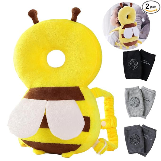 Feidoog Baby Head Protector Cushion Backpack with 3 Knee Pads for Walking & Crawling,Bee