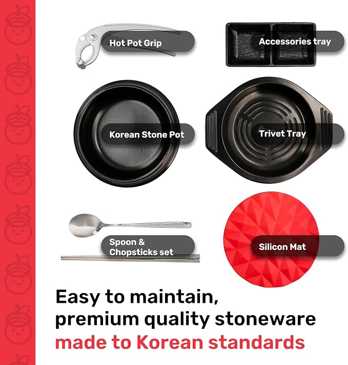 Korean Stone Pot Set, Dolsot Ttukbaegi Cookware, 38.7oz | 7 Piece Set, 38.7oz, Hot Pot Grip, For Bibimbap Soup Jjigae and Ramen, Ceramic Earthenware, Korean Soup Bowl