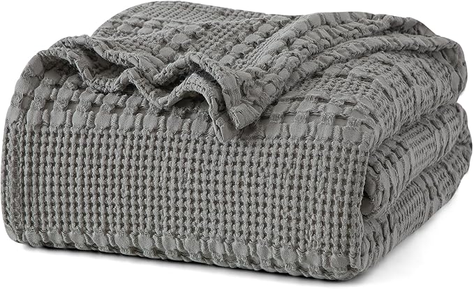 PHF 100% Cotton Waffle Weave Blanket Queen Size, Lightweight Breathable Summer Blanket for Hot Sleepers, Pre-Washed Soft Layer for Bed, Couch, Aesthetic Home Decor & Gift, 90"x90", Dark Grey