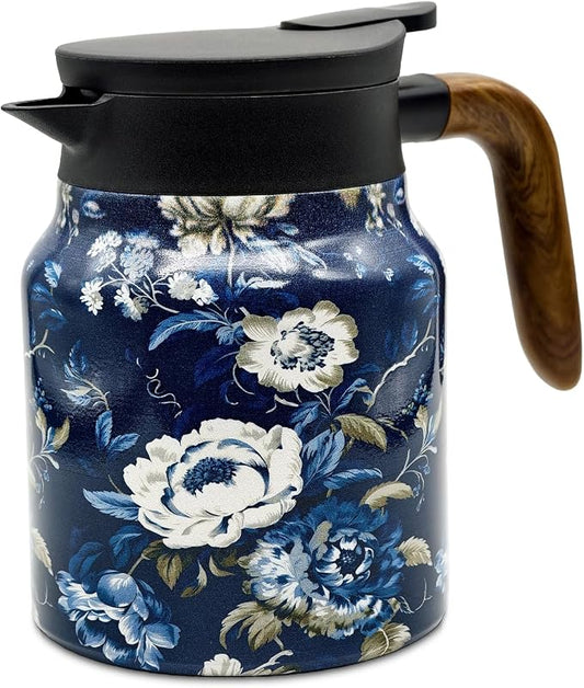 35 OZ Camellia Vintage Floral Tea Pot with Infuser, Large Capacity Insulated Stainless Steel Tea Kettle, 12 Hour Hot/Cold Retention, Tea-Water Separation Loose Leaf Tea Steeper for Hot Drinks