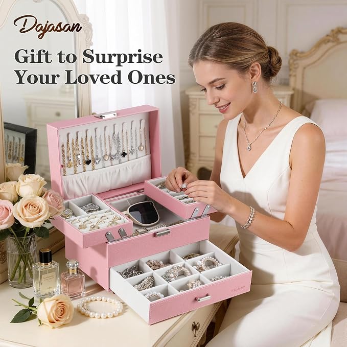 Jewelry Organizer Box, Large Jewelry Boxes for Women Girls, Space-Saving 3 Layers Jewelry Storage Case with Drawer, Gift Idea, Movable Metal Stand, Modern (Pink)