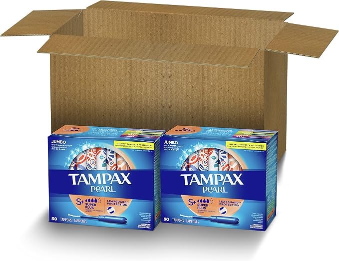Tampax Pearl Tampons for Women, with LeakGuard Braid, Super Plus Absorbency, Unscented, 100 Count (Pack of 2)