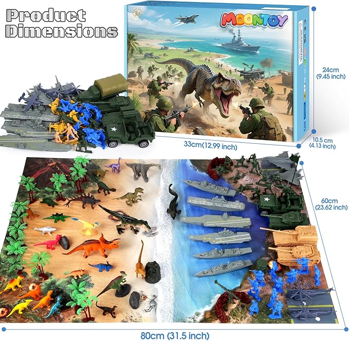 MOONTOY Army Men and Dinosaur Military Playset, 128PCS Toy Soldiers with Tanks, Jets, Missiles, Vehicles & Battle Mat, Army Men Action Figures, Christmas Birthday Gift for Kids Boys and Girls Ages 3+