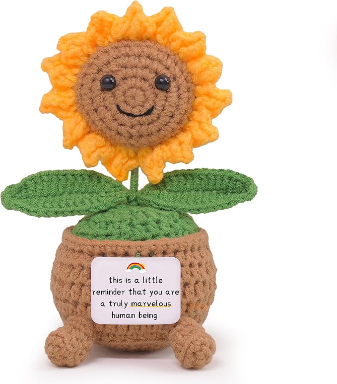 Positive Sunflower Crochet Gifts with Inspirational Card, Handmade Emotional Support Cute Sunflower Toy for Women Friends, Teacher, Coworker Birthday Christmas Thank You Gifts