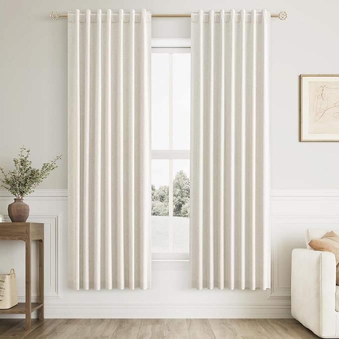 Guken 100% Blackout Linen Curtains for Bedroom 74 Inches Long Natural Cream Black Out Curtain Back Tab Thermal Insulated Room Darkening Window Drapes for Living Room 2 Panels Beige Ivory 52x74