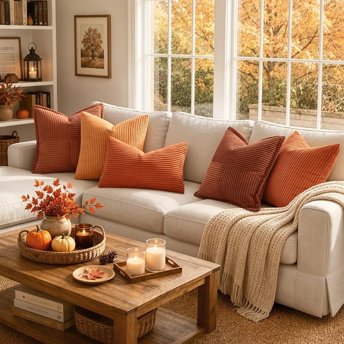 MIULEE Fall Decorative Corduroy Throw Pillow Covers Set of 2 14x14 Orange | Soft Striped Textured Cushion Cases, Boho Energetic Vibe Pillowcases for Home Decor, for Couch Chair Sofa Bed Living Room