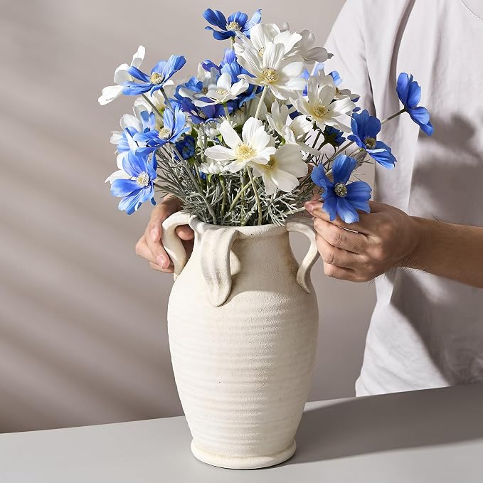 Emotionally Grounded Vase, Vaseking Large Ceramic Rustic Vase with 4 Handles, 10.83 inch Minimalist Decorative Farmhouse Tall Vases for Home Decor, Living Room, Enterway, Table Decoration, Fossil