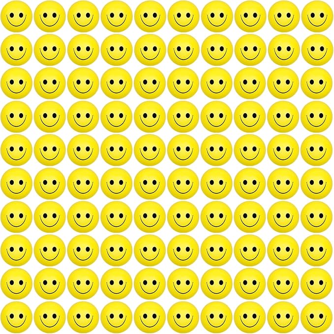 96 Pack Smile Face Stress Balls Bulk 2 Inch Funny Face Stress Relief Balls Yellow Mini Squeeze Balls Foam Smile Face Toys for Finger Exercise, School Prizes, Party Bag Fillers