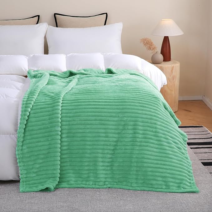 Mint Green Fleece Throw Blanket 60”×80” for Couch Sofa Livingroom | Super Soft Cozy Plush Microfiber Flannel Bed Blanket Striped Design Lightweight Home Decor Gifts for Adults Mom Women