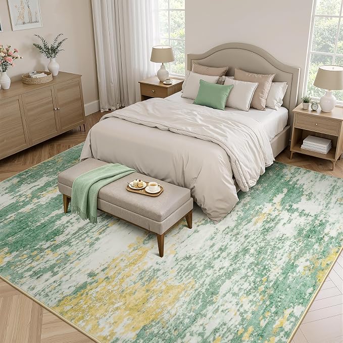 5x7 Area Rug for Living Room, Abstract Washable Non-Slip Rugs, Light Green | Soft Neutral Carpet for Bedroom, Dining Room, Home Office Nursery Indoor, Stain Resistant,Low Pile, Modern Rug