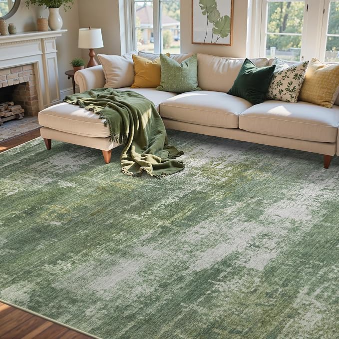 8x10 Ft Large Area Rugs for Living Room, Soft Non-Slip Washable Rugs Modern Abstract Pattern Carpet for Bedroom Indoor Floor Nursery Home Decor (Green/White)