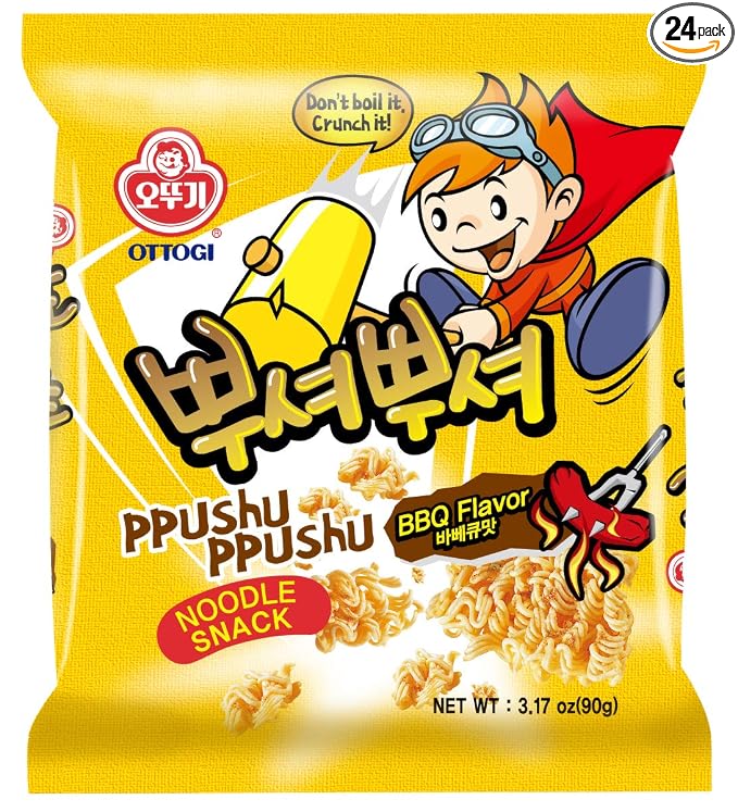 OTOKI Ppushu Ppushu Noodle Snack BBQ Flavor, Korean Ramen Snack, Crush to Eat, 90g, 24 Pack