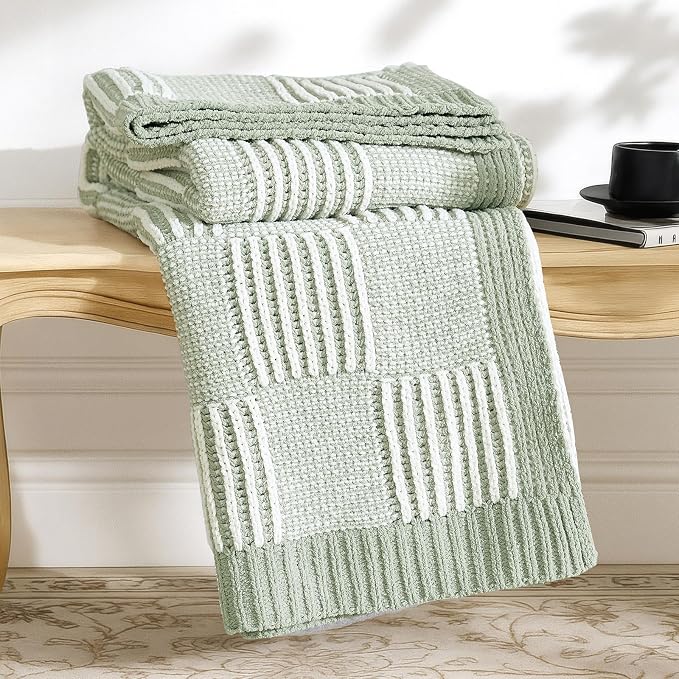 Knit Throw Blanket, Soft Chenille Cozy Breathable Dual Tone Checkered Chunky Decorative Blanket for Couch, Bed & Sofa, French-Inspired Lightweight Warm Gift for Women, Sage Green, 50"x60"