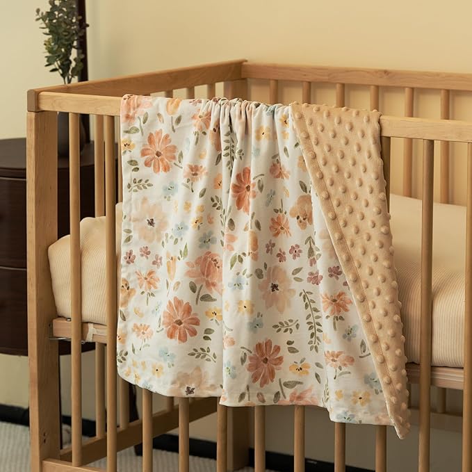 Baby Blanket for Girls, Soft Cozy Nursery Minky Blanket with Double Layer Dotted Backing for Infant Toddler in Crib Stroller, Cute Floral Orange Blanket, 30x40 Inches