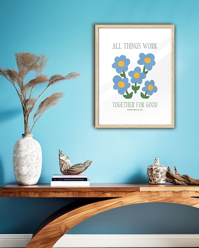 EcoHest 12x16 in Romans 8:28 All Things Work Blue Floral Christian Wall Art | Natural Oak Wood Frame with Canvas Wall Art, Scripture Bible Verse Decor for Bedroom, Living Room, Office, Church, 1Pack