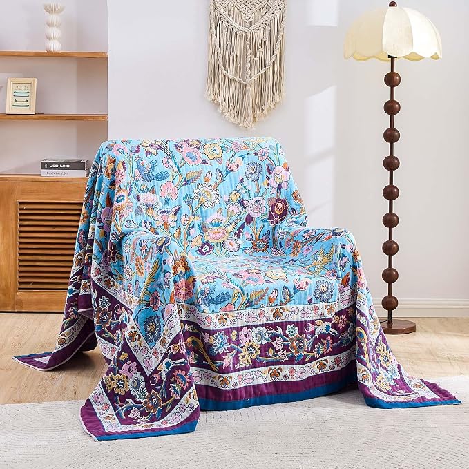 XIBLC Fall Blanket for Bed, 100% Cotton Soft Rustic Boho Throw Blanket Quilt, 90"x98" Farmhouse Decor Bed Flower Blankets, Light Weight Reversible Bohemian Throw Quilt