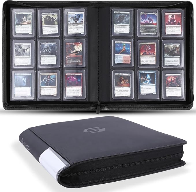 Snekdy Top loader Binder, 9 Pockets Top Loader，Holds 360 Top Loaders cards, Card binder with Sleeves for card in 3 x 4 inches color smooth Zipper PU Leather (Black)