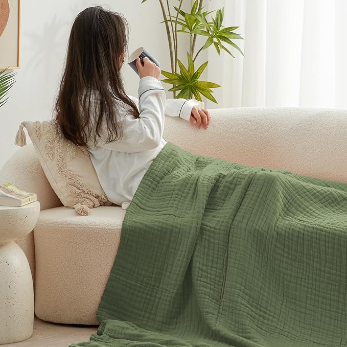 Love's cabin 100% Cotton Muslin Blanket, 6 Layer Lightweight Breathable Gauze King Size Blanket 108 x 90 Inches, Soft Summer Blanket for Bed, Sage Green