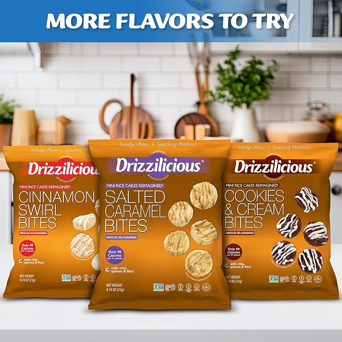 Drizzilicious Mini Flavored Rice Cakes Birthday Cake - Rice Crisps, Healthy Snack for Adults and Kids, Vegan, Gluten Free Snack, Allergen Free, Only 90 Calories Per Bag - 0.74 oz (Pack of 20)