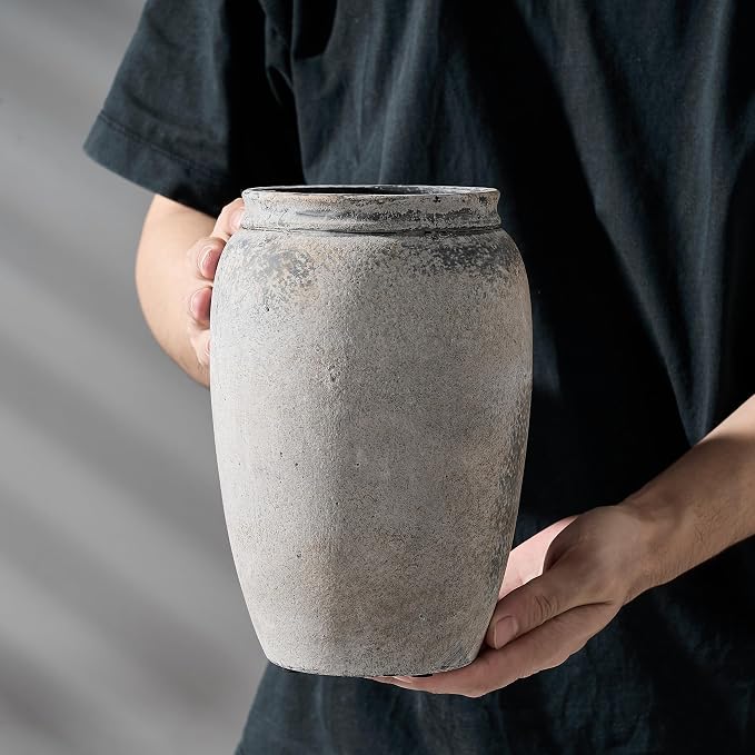 PORCER 8.2 Inch Ceramic Vase, Terracotta Rustic Vase Farmhouse Decorative Vase Boho Decor, Ceramic Vases for Home Decor, Living Room, Entryway, Floor, Holiday Wedding Christmas New Year Gifts - Gray