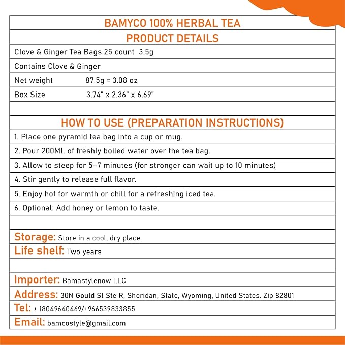 Clove & Ginger Tea Bags Caffeine Free Herbal Tea, 25 Pyramid Clove Tea Bags