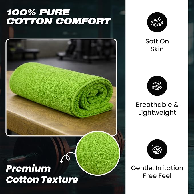 Sports Towel - Double Pack (2 Pieces), 12"x51", Lime Green, 100% Cotton - Oeko-Tex Certified, Very Absorbent and Quick-Drying, for Fitness, Gym and Yoga
