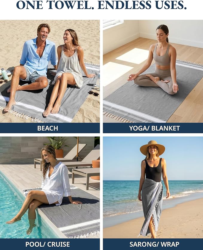 LANE LINEN Turkish Beach Towels Set of 4 - Oversized Beach Towel 39"x71", Durable Sand Proof Towel, Absorbent & Quick Dry, Perfect for Pool or Travel – Alloy