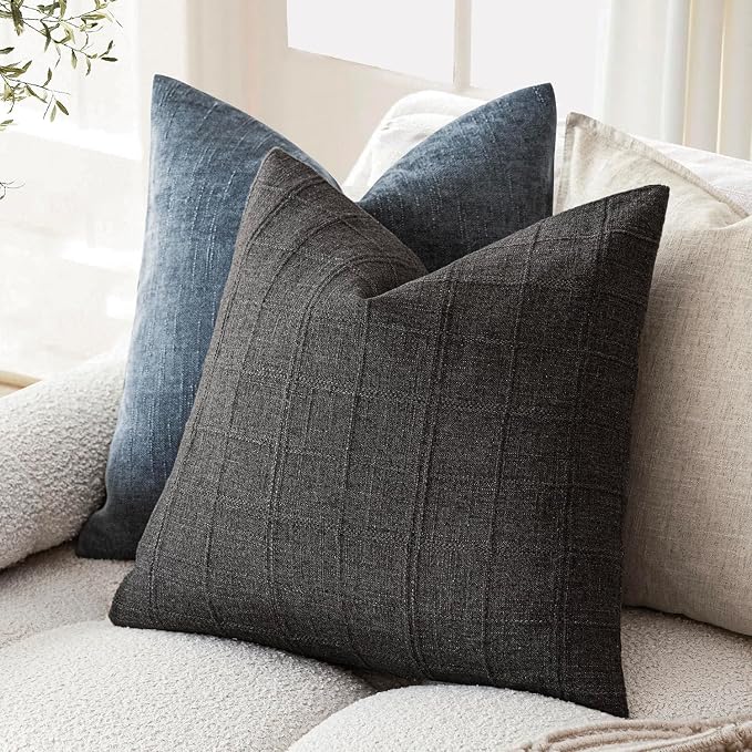 Foindtower Set of 2 Decorative Linen Check Throw Pillow Covers Neutral Farmhouse Vintage Cushion Covers Modern Boho Home Decor for Sofa Chair Couch Bedroom Living Room,22×22 Inch,Charcoal