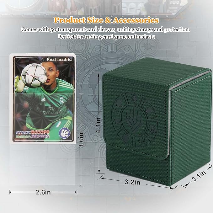 Arkeiliy Card Deck Box, 110+ Storage MTG Deck Box with 50 Pcs Card Sleeve, Collectible Trading Card Cases for Magic Commander and More (Green)