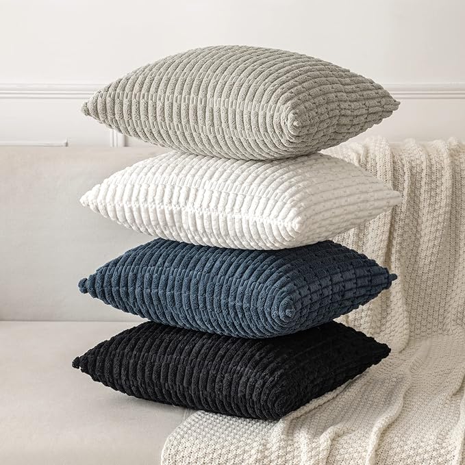 MIULEE Corduroy Decorative Throw Pillow Covers 20x20 Pure White Pack of 2 | Soft Boho Striped Pillow Covers Modern Farmhouse Home Decor For Sofa Living Room Couch Bed