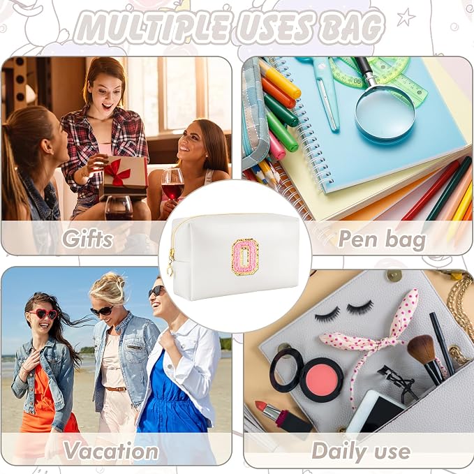 URSKYTOUS Initial Makeup Bag Personalized Preppy Travel Small Cosmetic Bag Cute PU White Chenille Letter Makeup Pouch for Purse Waterproof Zippered Toiletry Organizer for Women Girls Kids Friends (O)