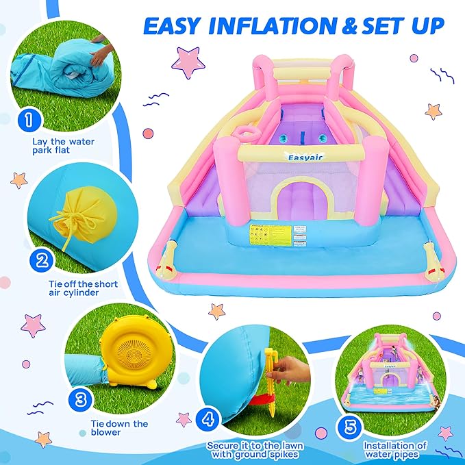 Inflatable Water Slide Bounce House for Kids, 12.1 FT x 10.3 FT Small Water Park Bouncy Castle, Double Slides, Jumper, Climbing Wall, Basketball Hoops, Included Blower