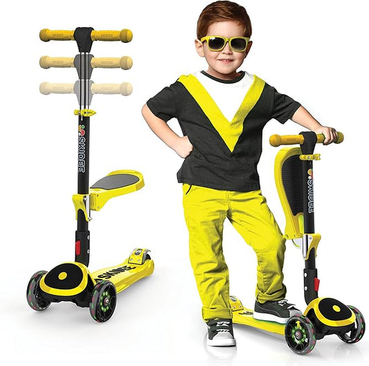 SKIDEE Kick Scooter for Kids Foldable 3 Wheel Scooter with Lean-to-Steer, Adjustable Height, Removable Seat & LED Light Wheels | Toddler Scooter Up to 12 Year Old Boys/Girls
